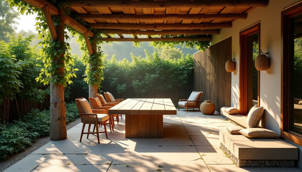 Créer une terrasse ombragée authentique grâce aux matériaux naturels et bruts